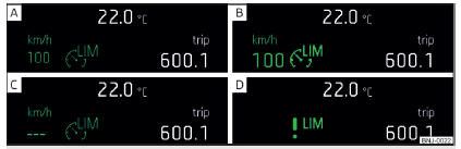 Fig. 141 Pantalla MAXI DOT: Ejemplos de las visualizaciones de estado del dispositivo de limitación de velocidad