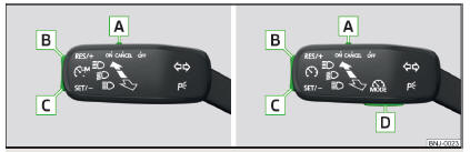 Fig. 143 Elementos de mando del dispositivo de limitación de velocidad: Vehículo con dispositivo de limitación de velocidad / Vehículo con GRA y dispositivo de limitación de velocidad