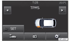 Fig. 148 Tecla para guardar los valores de presión/ejemplo de la visualización de la pantalla: el sistema indica a un cambio de presión del neumático delante izquierda
